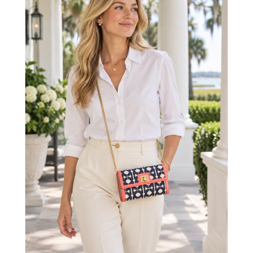 Spartina 449 Hilton Head Cooper Crossbody Bag Navy Coral Linen Leather